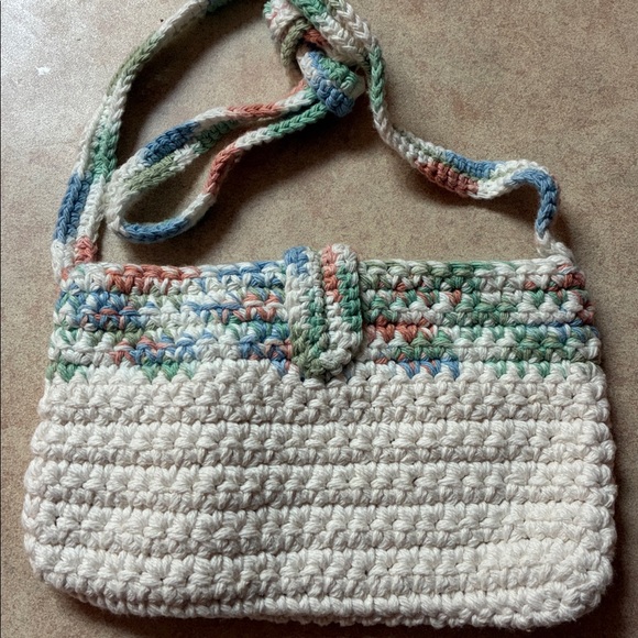 New Handcrafted Crochet Ivory With Blue/Pink/Green Crossbody Tote Bag - Picture 2 of 8